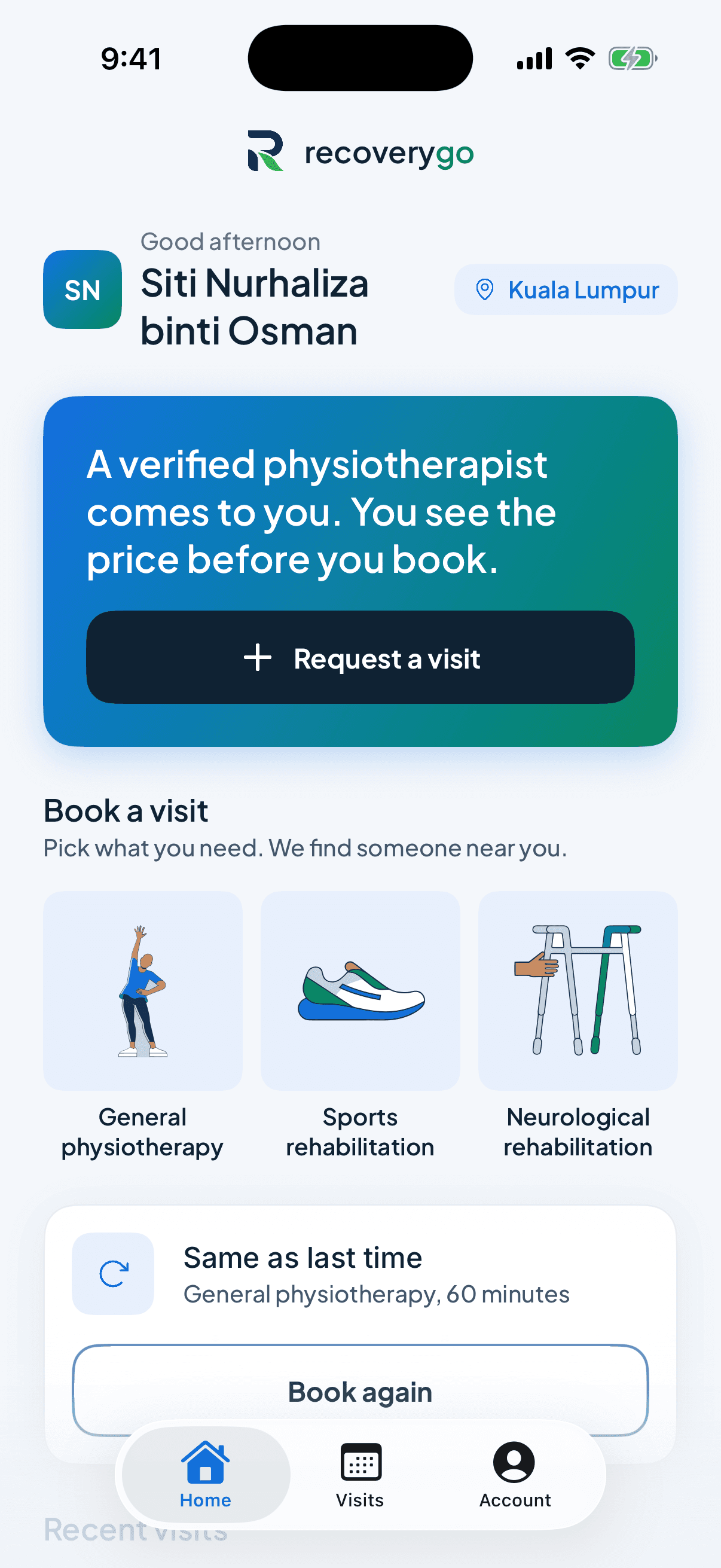 The patient app's home screen, with a button to request a visit