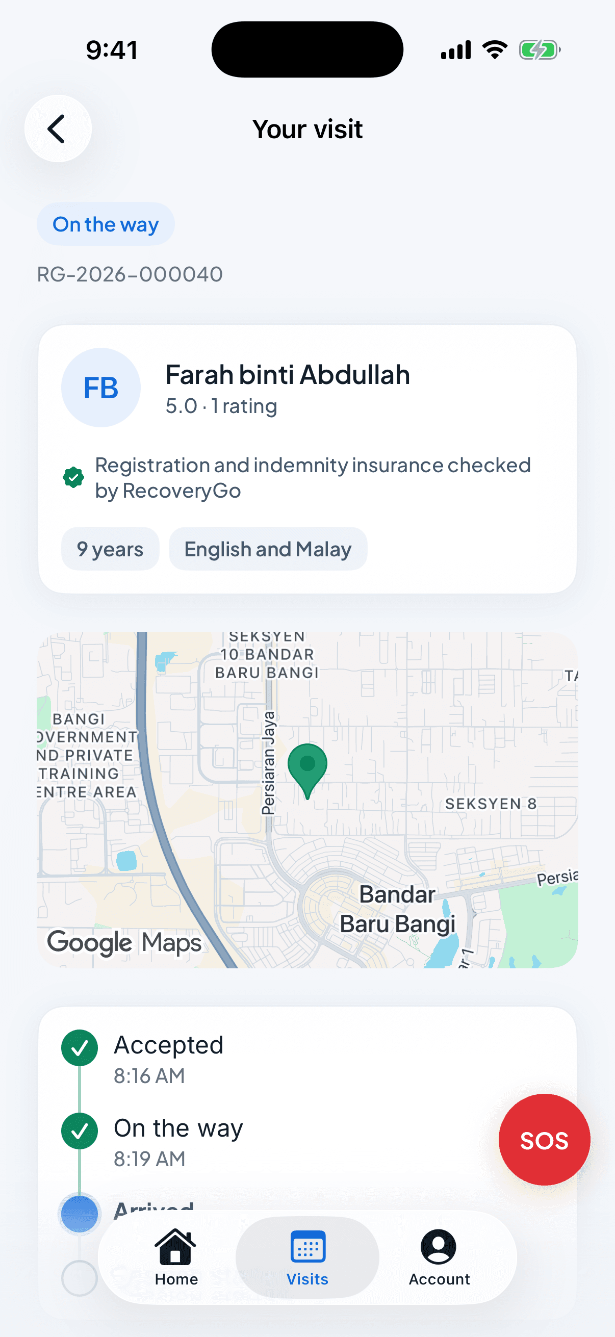 The physiotherapist on the way, with their verification, a map and the visit's progress