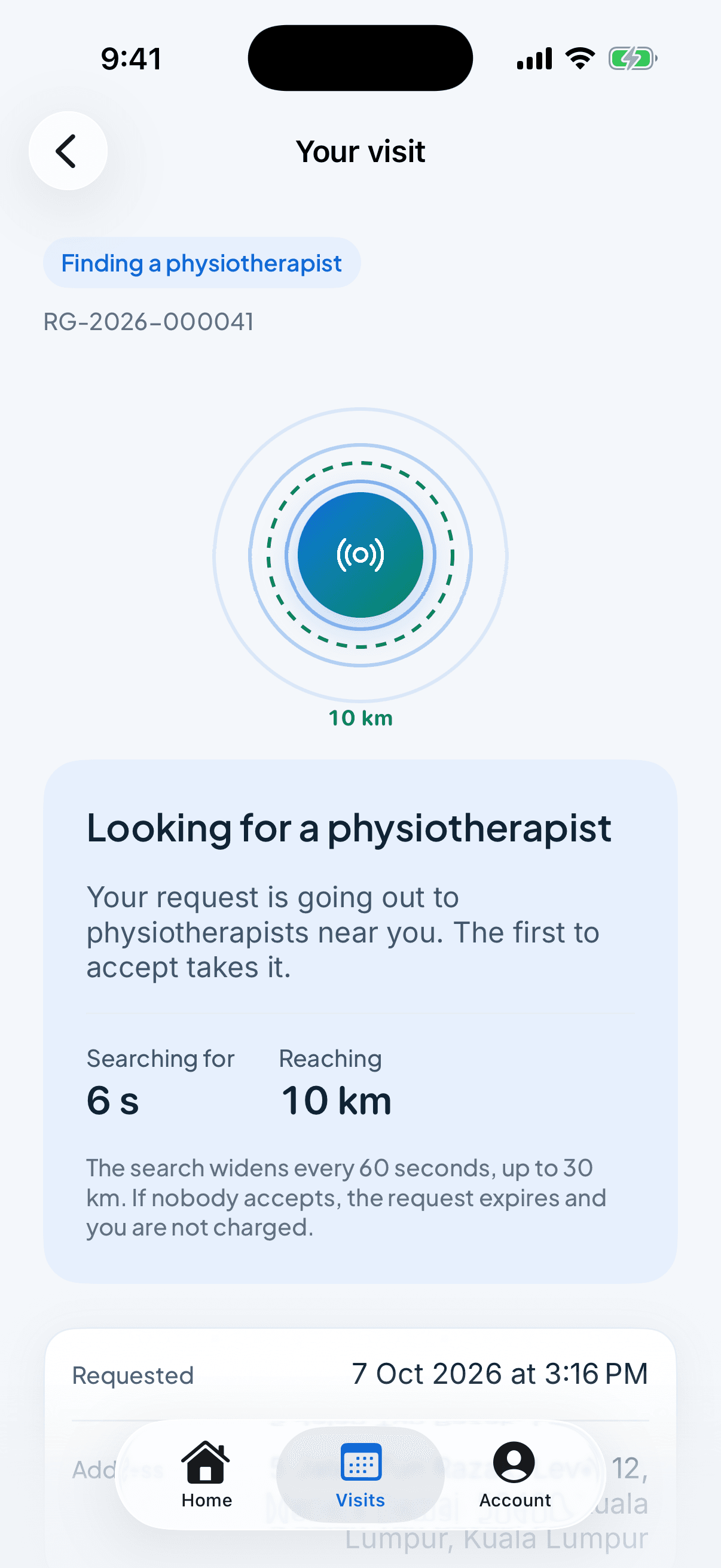 The app looking for a physiotherapist, showing how far the search has reached